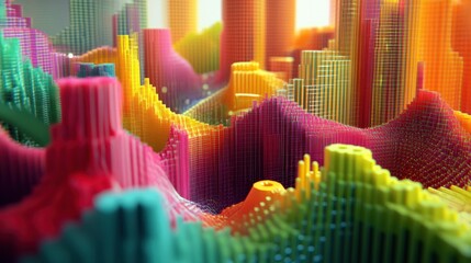 Poster - Vibrant visualization of a fluctuating data graph with colorful digital patterns in a high-tech environment