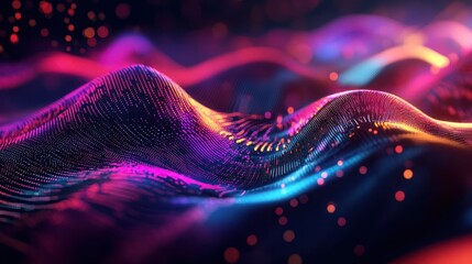 Poster - Vibrant visualization of a fluctuating data graph with colorful digital patterns in a high-tech environment