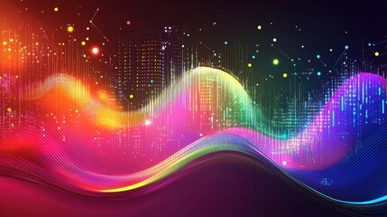 Poster - Vibrant visualization of a fluctuating data graph with colorful digital patterns in a high-tech environment