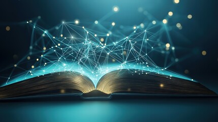 Poster - Artificial intelligence creating an ebook with polygonal design of interconnected lines and points on a blue background 8k Resolution