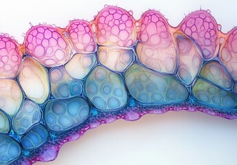 Poster - Vibrant Cell Structure Under Microscopic View, Displaying Intricate Patterns in a Colorful Spectrum of Pink, Blue, and Purple Hues with Detailed Cellular Arrangement