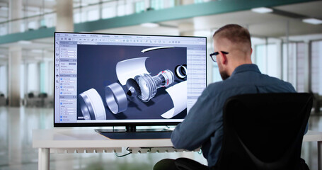 Fototapete - Male Engineer Developing Mechanical Parts Using 3D CAD Software On Laptop