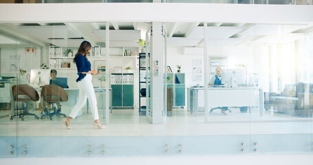 Aufkleber - Glass office, business woman and walking with tablet for project, proposal and manager with report. Professional, modern building and worker with boss for planning, information or digital review