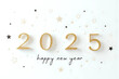 © Nyetock - Greeting card - happy new year with numbers 2025 and gold glitter and stars on white background. Minimal holiday concept. Top view. Flat lay