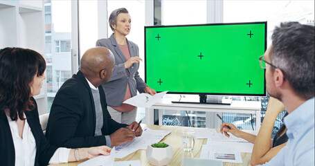 Poster - Green screen, meeting and presentation with business people in boardroom of office for development. Display, mockup space and tracking markers in corporate workplace for coaching or upskill training