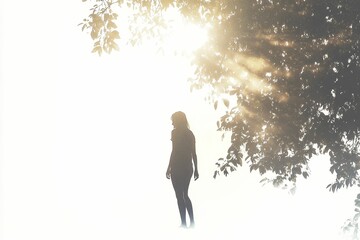 Poster - Silhouette woman stands beneath sunlit tree.