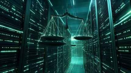 Poster - digital justice balancing scales in a virtual data center technology concept cyber environment futur