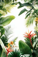 Wall Mural - Lush tropical leaves frame vibrant flowers.