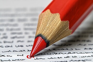 A close-up of a red pencil poised above handwritten text, highlighting a correction.