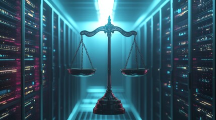 Poster - balancing justice and technology scales of justice in a high-tech data center conceptual art futuris
