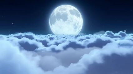Poster - A full moon casts its gentle light over a sea of fluffy clouds, creating a peaceful and enchanting atmosphere in the night sky, evoking calmness and wonder.