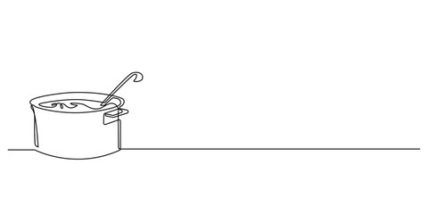 continuous line drawing of vegetable soup.one line drawing of vegetable soup in a pot with a ladle.single line vector illustration.isolated white background