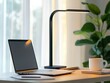 © neyostudio - Laptop, desk lamp, coffee cup, and plant on a wooden desk by a window.