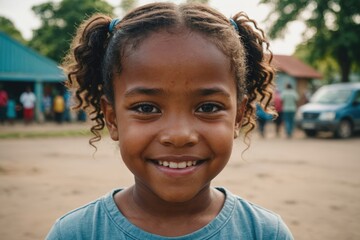 Close portrait of a smiling Surinamese female kid looking at the camera, Surinamese outdoors blurred background