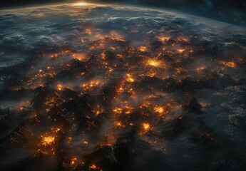 Wall Mural - A Stunning Aerial View of Fiery Light Emitting from Landmasses Beneath the Clouds, Depicting an Atmosphere of Natural Beauty and Cosmic Mystery