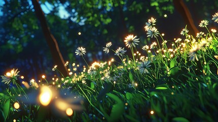 Poster - A meadow filled with glowing dandelions gently swaying in the breeze.