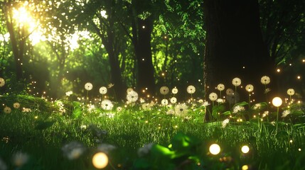 Poster - A meadow filled with glowing dandelions gently swaying in the breeze.