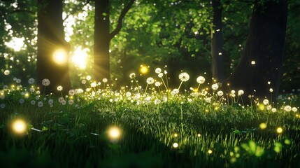 Poster - A meadow filled with glowing dandelions gently swaying in the breeze.