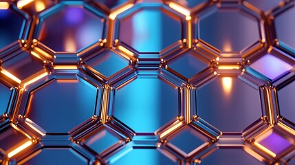 Poster - Abstract metallic hexagonal tiles with glowing LED edges in cyan and orange
