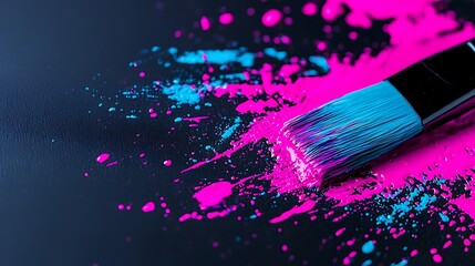 Poster - Vivid Magenta and Cyan Paint Splash with Brush on Dark Background Capturing the Essence of Creativity and Artistic Expression in Bold Colors