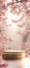 Wall Mural - A polished podium with gold elements, set against a muted background of cherry blossoms, with plenty of space to highlight a product in the center.