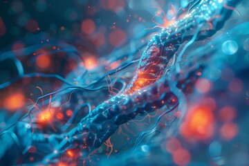 Poster - a microscopic view of nanobot technology ,a detailed depiction of the brain, showcasing its complex 