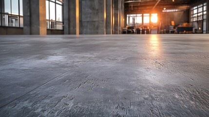 Poster - Sunlight Streamed Through Windows Illuminating a Modern Industrial Space with Raw Concrete Flooring and Warm Atmosphere at Golden Hour