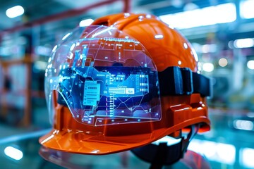 Poster - a modern construction helmet with heads up display (hud) technology . a bright orange hard hat equip