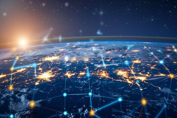 Poster - A visual representation of global connectivity through the internet, showcasing interconnected networks across the world. A modernized globe monitored and maintained by blockchain technology.