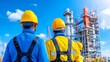 © KN Studio - Industrial Strength: Two industrial workers in hard hats and safety vests stand in front of a towering refinery, showcasing the dedication and hard work of the industry.