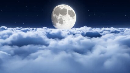 Aufkleber - A luminous full moon shines brightly, suspended over a blanket of soft clouds. The deep blue sky is dotted with glimmering stars, creating a serene nighttime atmosphere.