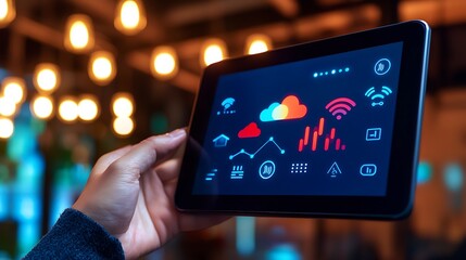 Poster - Modern Technology Interface Displaying Cloud Services and Data Analytics on a Tablet Device in a Cozy Ambient Atmosphere with Warm Lights