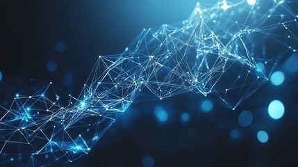 Poster - Abstract illustration featuring plexus blue geometrical shapes, representing connection and web concept, with digital communication and technology network background comprising moving lines & dots. 8k