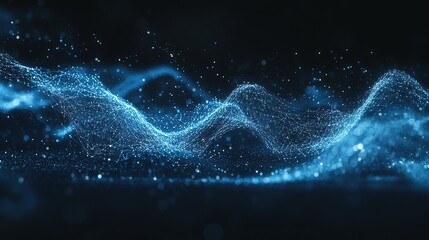 Poster - Abstract illustration featuring plexus blue geometrical shapes, representing connection and web concept, with digital communication and technology network background comprising moving lines & dots. 8k