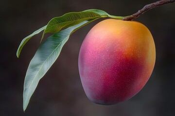 Sticker - A ripe mango hanging from a branch with green leaves.