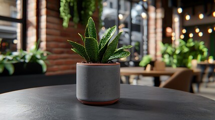 Poster - Indoor Potted Plant in Modern Cafe Setting with Soft Natural Light and Cozy Atmosphere, Perfect for Interior Design and Relaxation Themes