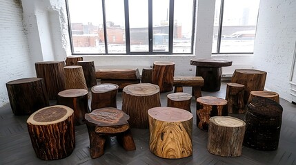 Poster - Collection of Rustic Wooden Stools and Tables in Modern Urban Setting with Large Windows Allowing Natural Light to Filter In