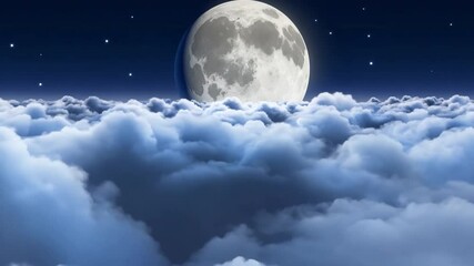 Poster - The full moon shines brightly in a clear night sky, casting a gentle light over fluffy clouds below. Stars twinkle around the moon, enhancing the tranquil setting.