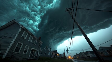 Wall Mural - Dramatic Storm Clouds Over Suburban Houses with Dark Sky and Lightning, Capturing the Power of Nature and the Threatening Atmosphere of Approaching Severe Weather