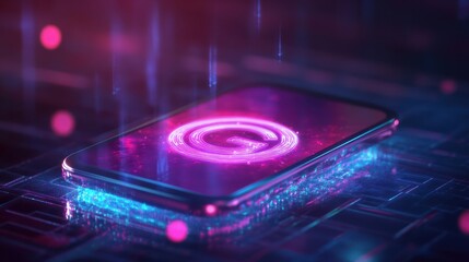 Poster - Interactive holographic 5g text icon over mobile phone with copy space for text placement