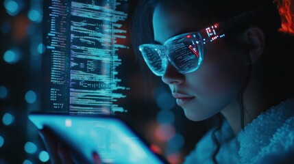 Poster - Lock hologram, tablet and woman with data analysis safety, software overlay and cyber security coding at night. Html, script and person reading with digital technology, gdpr and networking research