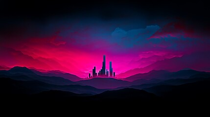 Poster - Nighttime Cityscape with Futuristic Skyline Surrounded by Mountains and Colorful Clouds, Evoking Mystery and Imagination in a Vibrant Gradient Atmosphere