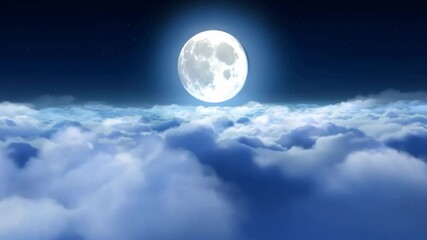 Aufkleber - A brilliant full moon shines brightly in a deep blue sky, surrounded by fluffy clouds. The soft glow creates a tranquil atmosphere, enhancing the beauty of the night.