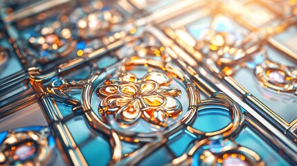 Poster - Close-up of intricate stained glass windows with a soft glow.