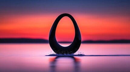 Poster - Elegant Black Sculpture Rising from Calm Water Against a Serene Sunset in Vivid Hues of Orange, Pink, and Purple, Creating a Dreamlike Atmosphere