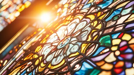 Wall Mural - Close-up of intricate stained glass windows with a soft glow.