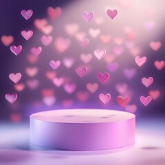 Fototapete - A minimalist podium with soft pink and purple lighting, set against a blurred heart-filled backdrop, leaving a spacious center to highlight a product.