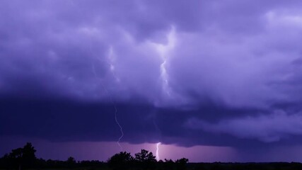 Aufkleber - A powerful thunderstorm unfolds at dusk, with brilliant lightning striking through dark, ominous clouds. The landscape remains still, contrasting nature's fury with calmness.