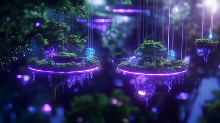 Poster - Floating islands suspended in space, surrounded by glowing energy orbs