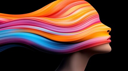 Poster - Abstract Portrait of a Woman with Colorful Waves Representing Freedom and Creativity Against a Black Background, Emphasizing Vibrant Artistry and Imagination